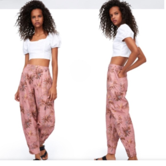 50%off w♥️ ZARA Linen Blend Tropical Palm Tree Printed Pants Relaxed size 2 - Picture 2 of 11